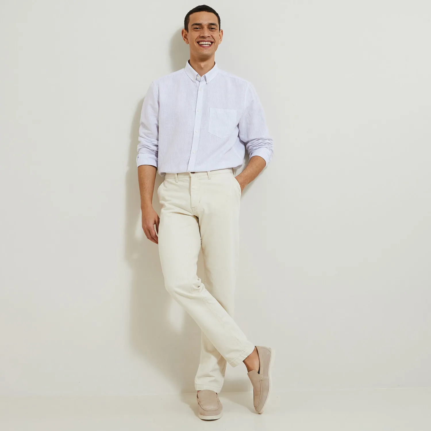 Jules Chemise en coton lin rayée col boutonné- Chemise