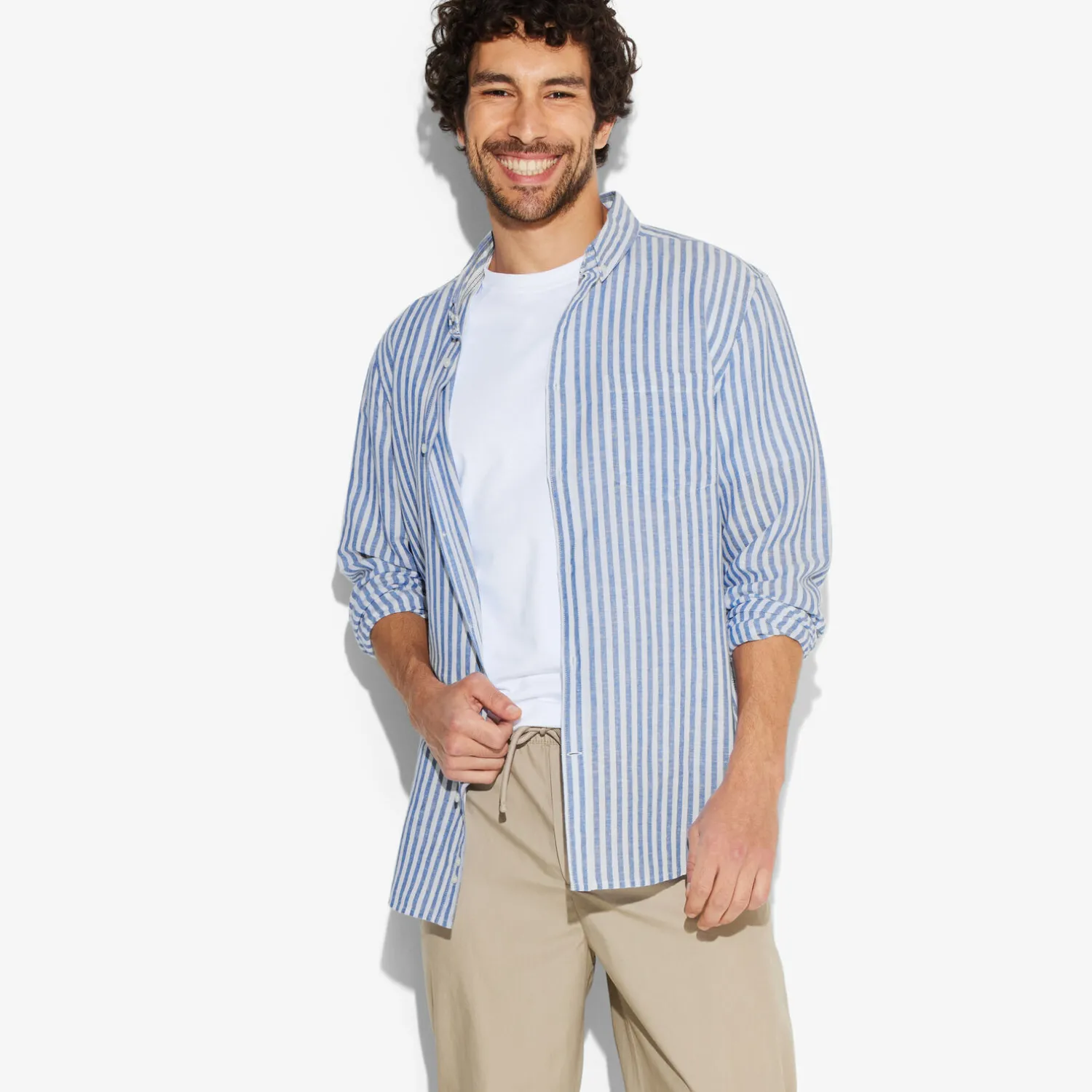 Jules Chemise en coton lin rayée col boutonné- Chemise