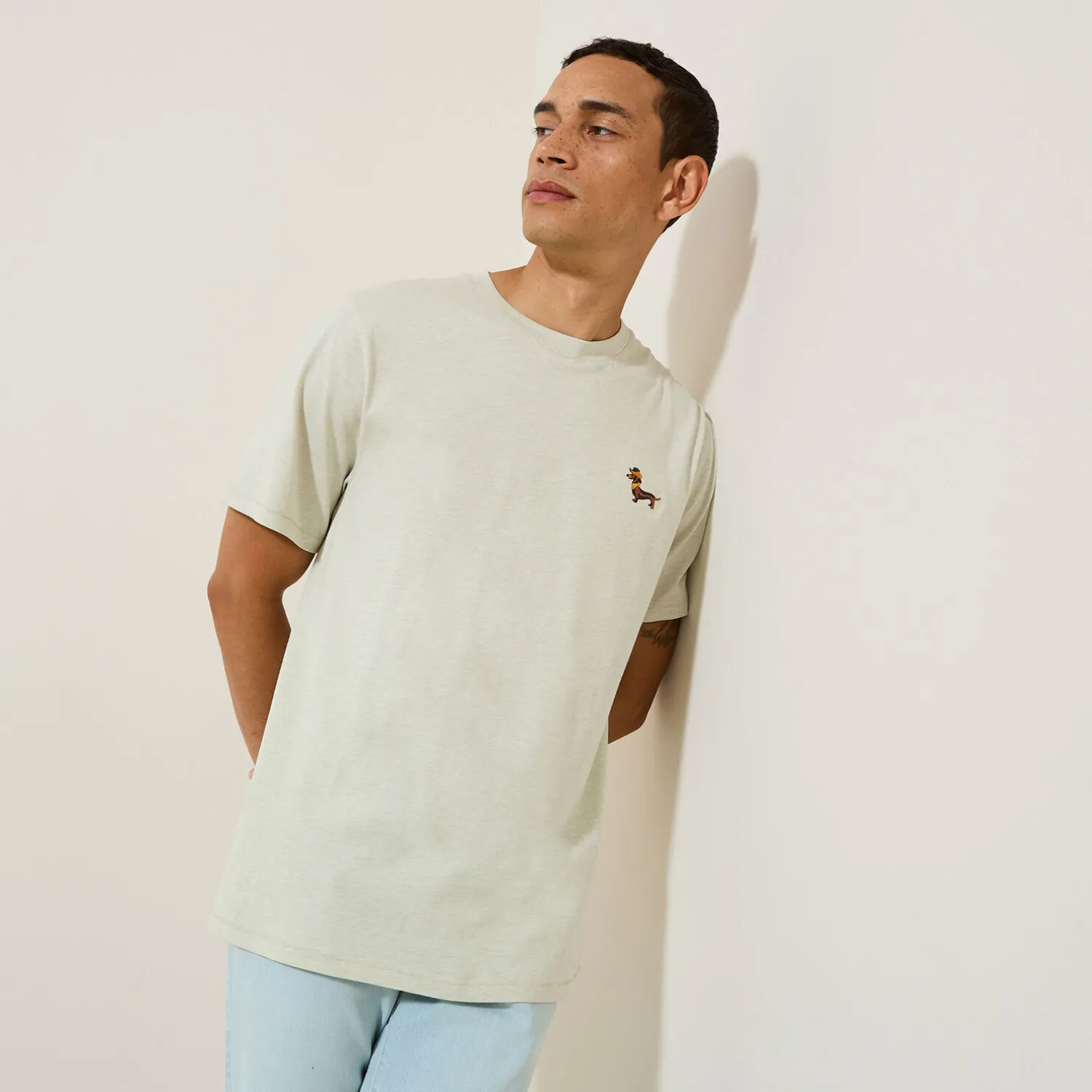 Jules Tee shirt col rond chiné brodé poitrine en coton- T-shirt