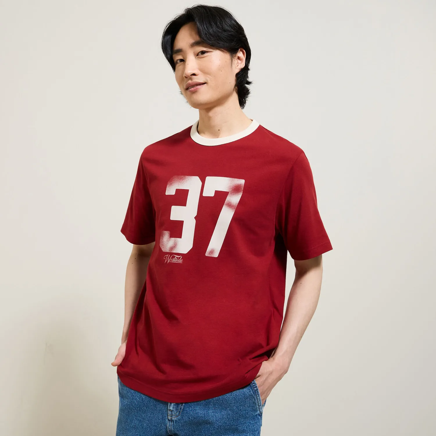 Jules Tee shirt col rond imprimé colletage contrasté- T-shirt